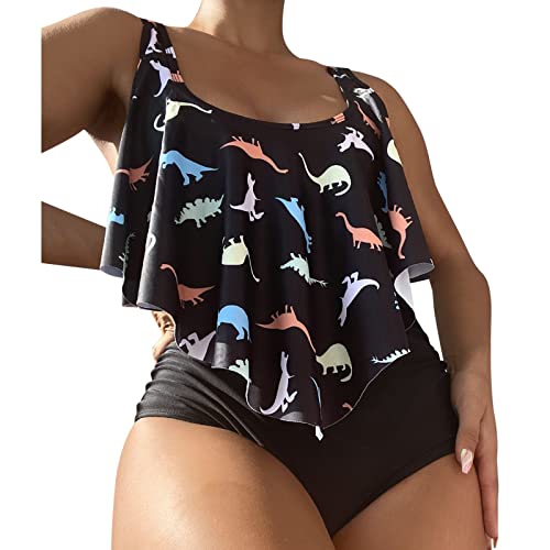 Conjunto de bikini para mujer, con estampado de dinosaurio, traje de baño de dos piezas, con volantes, tirantes de baño, trajes de baño para mujer, conjunto de tankinis para mujer, Negro, L