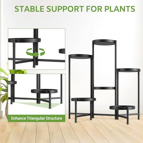 Image of iDavosic.ly 6 Tier Large Plant Stand Indoor with 10 Inch Wide Tray, Tiered Corner Metal Outdoor Flower Display Holder Shelf, Folding Tall Rack for Patio Porch Living Room, Modern Black