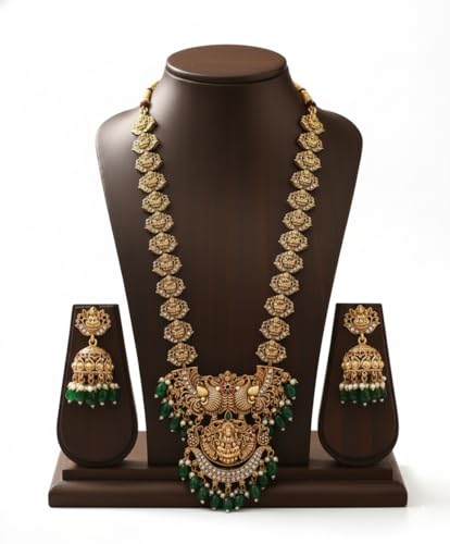 Image of South Indian Traditional Antique Matte Gold Finish Goddess Lakshmi & Peacock Motif Long Necklace Set with Jhumka Earrings for Women | Ethnic Temple Jewellery for Weddings, Brides & Festivals (Green)