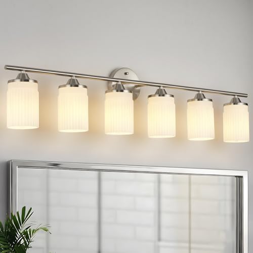 Image of Jonsi Nickel Bathroom Light Fixtures 6-Light Vanity Lights Modern Wall Sconce with Milk White Shade Brushed Nickel Bathroom Light Fixture Over Mirror for Bedroom Hallway Kitchen
