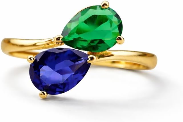 Pear Cut Emerald & Sapphire Ring in 14K Yellow Gold Two Stone Engagement Ring for Women Minimalist Gemstone Promise Ring Valentine Gift