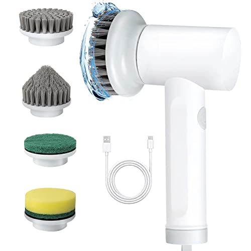Electric Spin Scrubber,Electric Cleaning Brush with 4 Replaceable Brush Heads Waterproof Handheld Power Shower Scrubber Cordless Scrubber for Bathroom,Kitchen,Wall,Floor,Tub,File,Sink,White