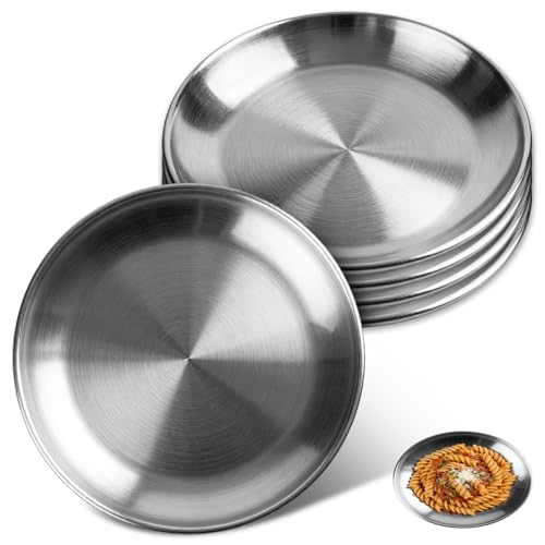 DAOOZHU Assiettes Inox 20cm, Vaisselle Inox Rondes Incassables et Légères, Lot de 5 Assiettes en Acier Inoxydable pour Cuisine, Camping, Pique-nique et...