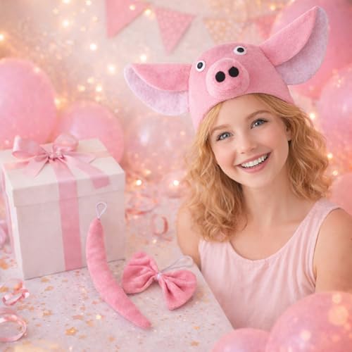 Image of Pink Pig Headband with Bow and Tail Costume Set, Halloween Animal Ears Costume Dress Up Suit, Cosplay Party Supplies for Adult