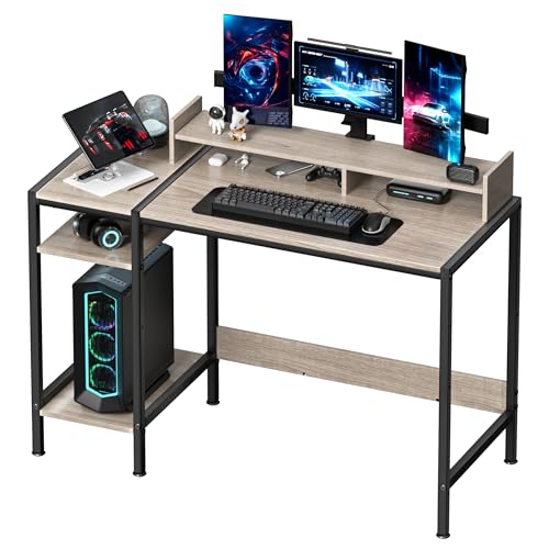 Computer Desk – 39 Inch Home Office Desk with Storage, Gaming Desk with Monitor Stand, Modern Simple Study Table, Adjustable Storage Space, Gray