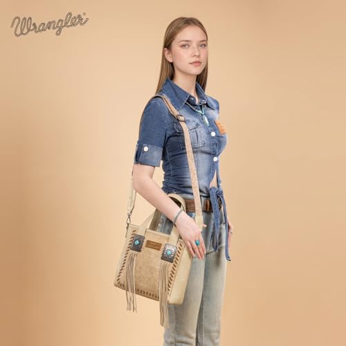 Image of Montana West Wrangler Cowhide Tote Bag for Women Western Tooling Handbag Leather Fringing with Turquoise Stone Concho