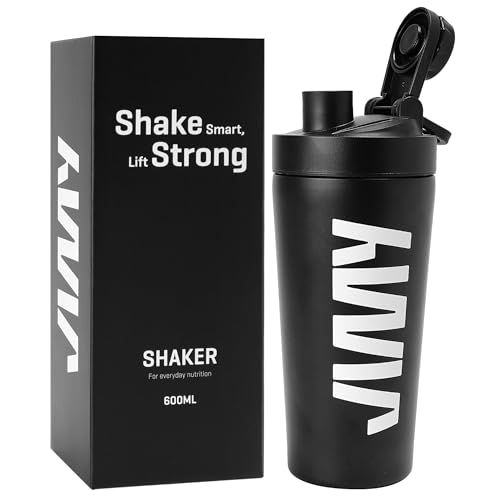 JIMY FITNESS 600ml Metal Protein Shaker, Insulated Stainless Steel Gym Bottle with Leak-Proof Flip Lid, BPA-Free, Sweat-Proof, Durable Sports Shaker - BLACK