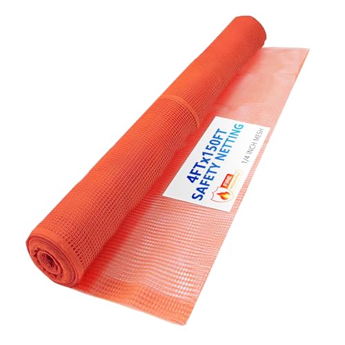 mychoiii 4ft x 150ft Construction Safety Debris Netting，Heavy Duty Fire Retardant 1/4' Mesh roll for Scaffold Enclosure,Barricade,Visibility Barrier,Construction & Agricultural Use,Orange