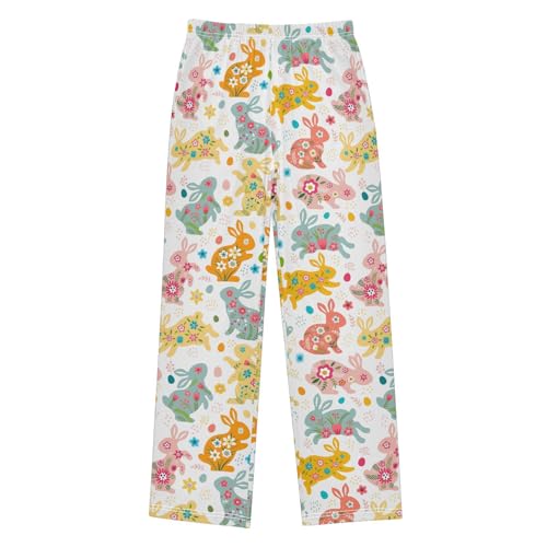 Colorful Bunny with Floral Boys Long Pants Soft Trousers Elastic Waist Kids Lounge Bottoms with Pockets S-XL