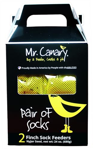 Mr. Canary Yellow Pair of Socks Finch Sock Feeders 2pk Seed-Filled All-Season Feeders 24oz Total