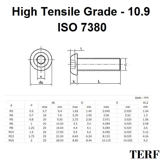 TERF® M10 X 16mm Hex Socket Cap Button Head Machine Screws High Tensile Grade 10.9 Machine Screw M10 (10mm) X 16mm Allen Key Hexagonal Socket Bolts - Image 4