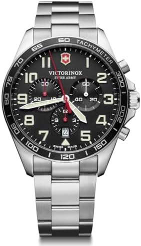 Victorinox Men’s Watch Fieldforce Chrono Ø 42 mm, Swiss Made, Analogue Quartz, Water-Resistant up to 100 m, Sapphire Glass, Stainless Steel Strap, Black