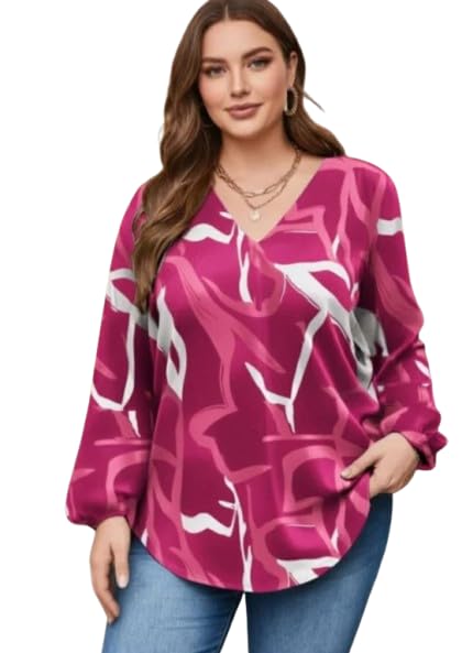 Women's Plus Size Abstract Print V-Neck Long Sleeve Blouse (in, Alpha, XL, Regular, Standard/, Pink_V_Neck)-image-5