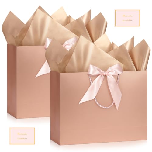 Image of JMANNI Gift Bags with Handles, 13 inch Medium Gift Bag for Presents, 2 Pcs Bags with 4 Tissue Paper and 2 Cards for Graduation Baby Shower Wedding Bridal Shower Mother's Day Birthday Party (Rose gold)