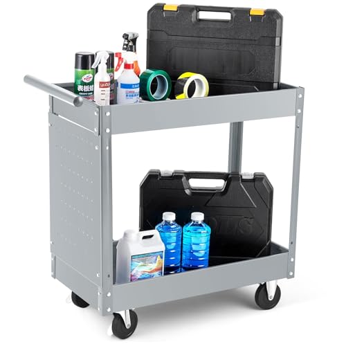 2 Tier Heavy-Duty Metal Rolling Utility Cart with Pegboard Panels, 300 LBS Capacity Commercial Service Cart with 360° Wheels, 2-Shelf Steel Trolley for Garage, Warehouse, Kitchen & Garden