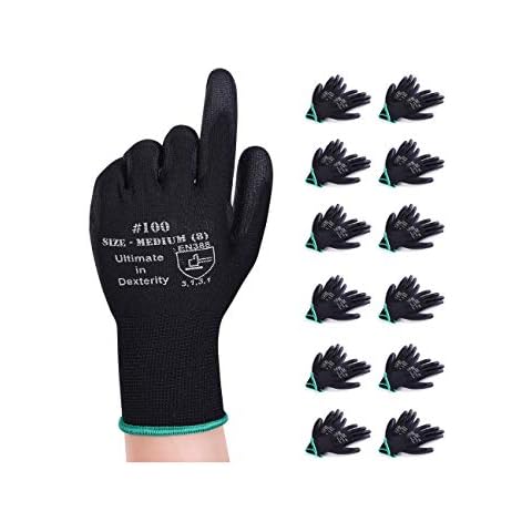 Donfri 12 Pairs PU Coated Safety Work Gardening Gloves Men High Performance EN388 Black Non-slip Protective Handling Gardening Builders Mechanic Breathable Washable (M/8) Cover