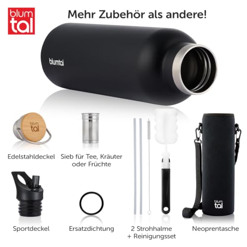 Blumtal Thermosflasche 500ml, doppelwandig, aus Edelstahl, isothermisch, BPA-frei, Teeflasche, Sportflasche, Schwarz – Ansicht 2