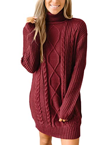 For G and PL Womens Casual Pullover Sweater Dress Long Sleeve Warm Cable Knit Turtleneck Jumsuit Maroon XL