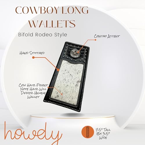 Men’s Long Leather Wallet – Hand Tooled Brown Rodeo Bifold with Hair-On Cowhide and Lone Star Concho – Western Checkbook Wallet for Cowboys & Texas Ranchers4