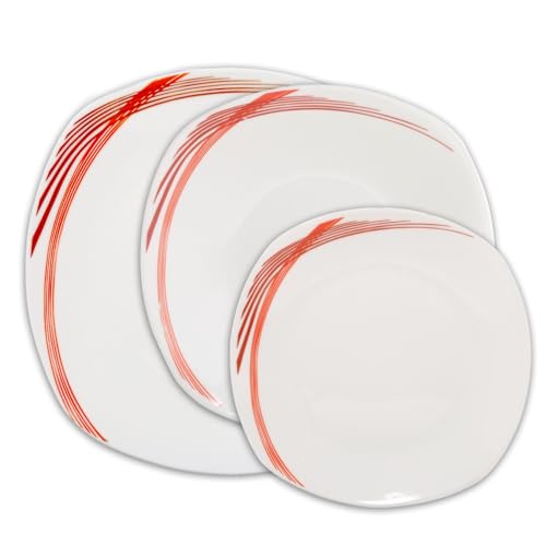 UNIQUE HOME LIVING 12-Piece Dinner Set, White Ceramic Kitchen Dinnerware Sets with Dessert/Soup/Dinner Plates, Service for 4, Microwave & Dishwasher Safe - Red Curve Lines