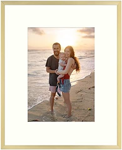 Frametory, 8x10 Aluminum Frame, Ivory Mat for 5x7 Pictures, Tabletop/Wall Display - Easel Stand, Sawtooth Hanger, Great for Baby Photos, Artwork, Prints, Nature (Gold, 1-Pack)