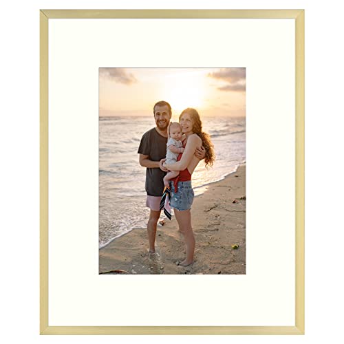 Frametory, 8X10 Aluminum Frame, Ivory Mat For 5X7 Pictures, Tabletop/Wall Display - Easel Stand, Sawtooth Hanger, Great For Baby Photos, Artwork, Prints, Nature (Gold, 1-Pack) #TOP20
