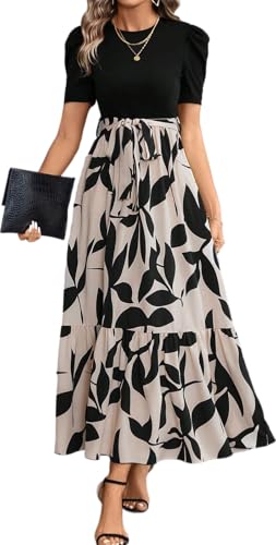 PerZeal Women's Casual Summer Crewneck A Line Short Sleeve Print Flowy Boho Long Maxi Dress with Belt