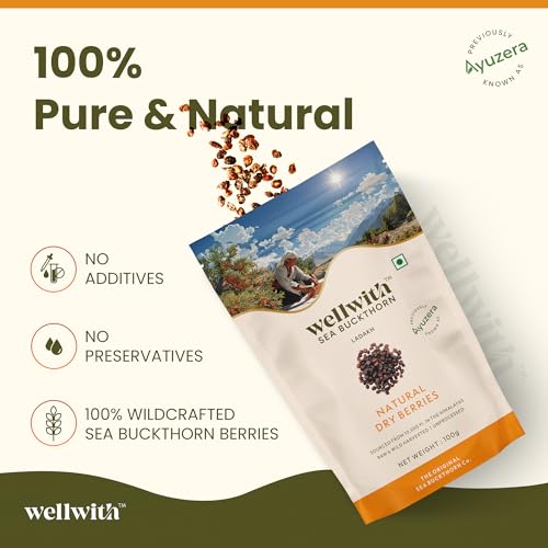 Image of Wellwith Sea buckthorn Dry Berry 100g (Pack of 2) - Natural, Sun-Dried, Rich in Omega 3,6,7 and 9, & Vitamin C, E | Dried Seabuckthorn Berries | No Added Sugar or Preservatives
