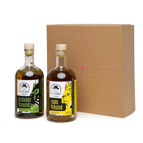 DIE ÖLFREUNDE Geschenkbox „Duo“ 2 x Öl|2 erlesene Speiseöle|hochwertige kaltgepresste Öle|nachhaltige Öle mit Omega 3 und Omega 6 Fettsäuren|Perfekte Geschenkidee