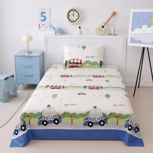 Image of Filymore Kids Single Bedsheet with 1 Pillow Cover | Police Car Printed Bed Sheet for Single Bed | 240 TC Soft Microfiber Bedding Set | 90 x 60 Inch Bedspread | Blue & Red