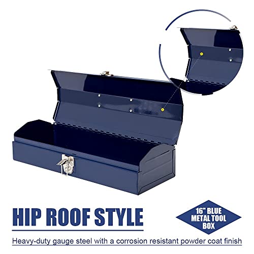 Hpdmc Black 16" Hip Roof Style Portable Steel Tool Box With Metal Latch Closure, 16.7" L X 6.9" W X 4.9" H #TOP2