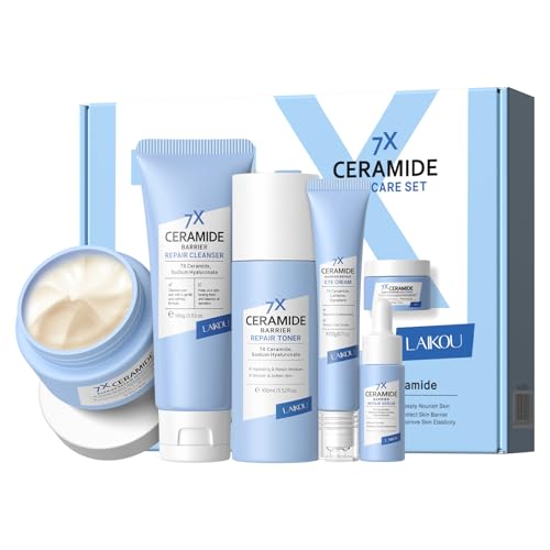 LAIKOU 7X Ceramida Set de Cuidado de la Piel, Ceramida Set Regalo Cuidado de la Piel Mujer, 5 Pcs Skincare Kit Facial, con Leche Limpiadora Facial Tónico Crema para Ojos Suero Crema Facial (Caja)