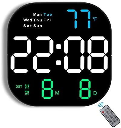 Digital Wall Clock, 11" LED Digital Clock Large Display with Remote, Time, Date, Day of Week, Temperature, Alarm Clock, Timer, DST, Wall Clock for Living Room Bedroom Office Gym Garage (Multicolor)