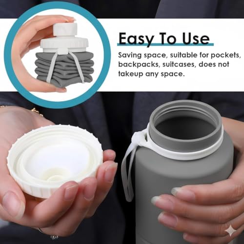 Image of 600ml Folding Silicone Water Bottle for Travel, Gym, Hiking, Camping with Leak-Proof Lid Space-Saving Portable Bottle (Grey 2PC)