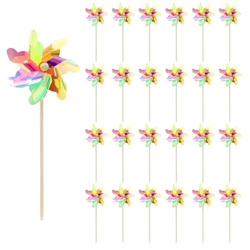 Colorful Reflective Windmill, 24 Pack 7 Leaves Wind Windmills, No Assembly Required, Boys and Girls Toys, Pinwheel for Yard and Garden Lawn Decoration,Bird Scarer Spinners for Garden