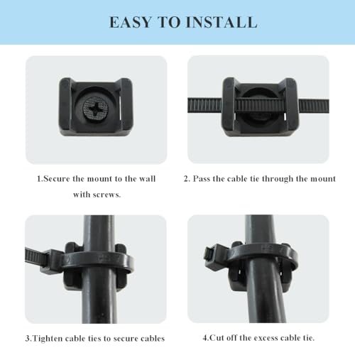 HS Saddle Type Cable Zip Tie Mounts Base Kit with Screw Hole,Set Strong 6 Inch Nylon Cable Ties and Screws Each 100 PCS,Wire Clips Anchor Management Fastener for Baseborad,Wall or Desk,Black