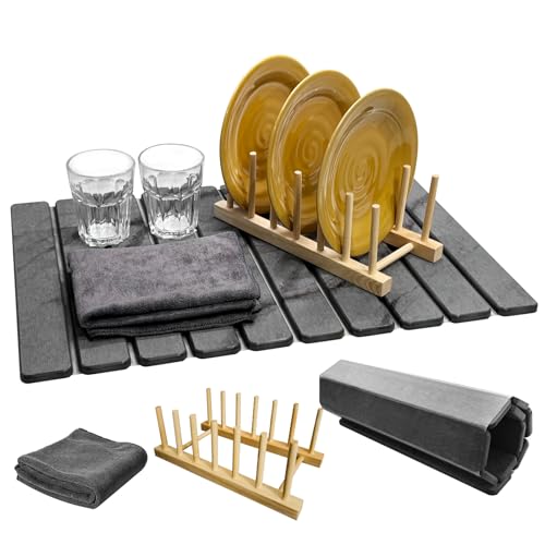 Large Stone Dish Drying Mat for Kitchen Counter, Collapsible Marbled Quick-Dry Diatomaceous Earth Mat with Dish Rack and Towel, Versatile Drying Mats for Kitchen Utensils (Dark Gray 23.6"×15.4") by Tianest - Used condition - US$33.16