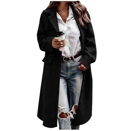 Jaibrmey Winter Jackets for Womens Notch Lapel Collar Single-Breasted Peacoat Wool Coat Trench Coats Long Jacket Plus Size Overcoat Fashion Casual Warm Outwear