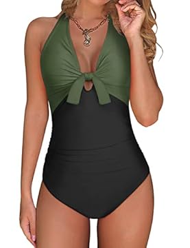 UMIPUBO Costume da Bagno Intero Donna Push Up a Vita Alta Costumi da Mare Interi Sexy Scollo V Swimsuit Un Pezzo Controllo della Pancia Spiaggia Beachwear Imbottito Halter Swimwear (Nero+Verde, S)