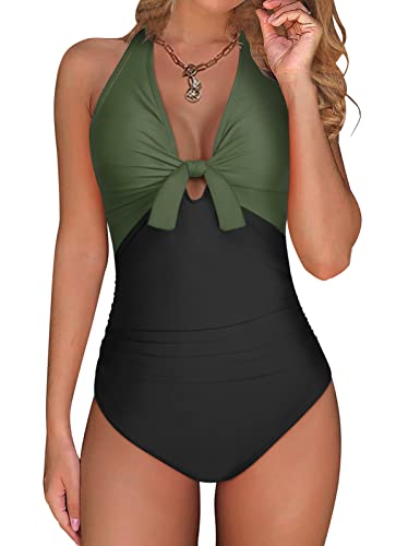UMIPUBO Bañador Mujer Reductor Vientre Plano, Traje de Baño Mujer de Una Pieza Sexy con Cuello en V Ropa de Baño Talla Grande Bañador(Negro+Verde,M)