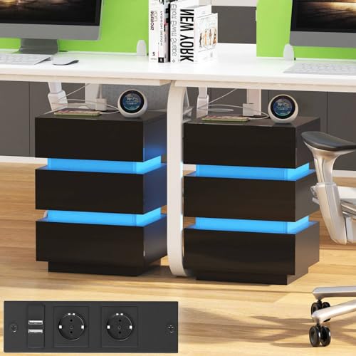 Mesitas de Noche Dormitorio Mesillas de Noche Dormitorio pack 2, Mesita de Noche con Luz Led, Mesa de Noche Modernacon Estación de Carga, Puertos USB, 3 Cajón, Alto Brillo de Madera 45x35x62cm, Negro