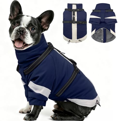Image of MIGOHI Snowproof Dog Jacket with Harness,in a Chilly Day,S,NavyBlue | Reflective Small Dog Coat with Sleeves Waterproof Fleece Winter Puffer Jacket for Dogs,Turtleneck Puppy Coats for Outdoor