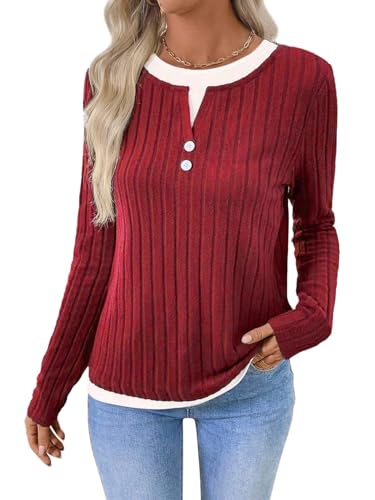 Awinclo Ladies Top Size Large Oversized Autumn Clothes Long Sleeve Crewneck Color Block Jumper with Buttons Sweater Longline Tunic Sweatshirt for Women UK Red Medium