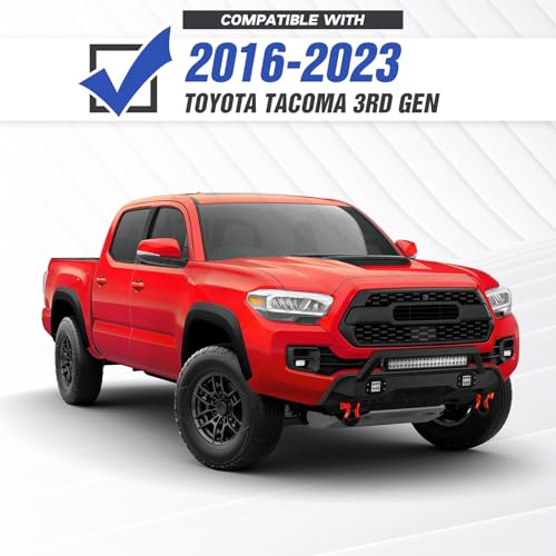 YZONA Stubby Front Bumper Compatible with 2016-2023 Toyota Tacoma 3rd Gen Pickup Truck Bumper Built-in 3 x 18W LED Lights, Skid Plate, Winch Plate, Pre-drilled Holes for License Plate & D-rings - Thumbnail 2