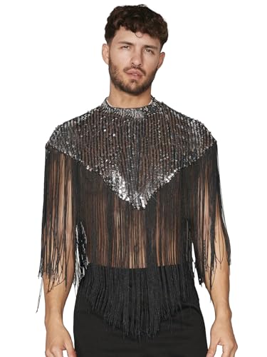 WDIRARA Men's Fringe Trim Mock Neck Sleeveless Sequin Party Hooded Vest Top