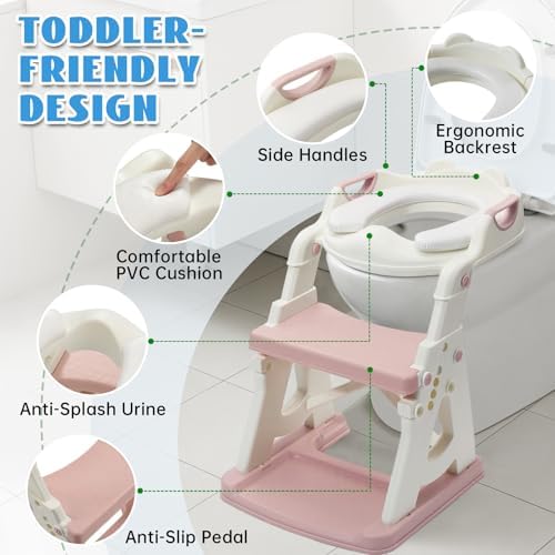 Potty Training Toilet Seat, Stable Potty Training Seat with Step Stool, 2 in 1 Toddler Toilet Seat with Steps for Kids Boys Girls, Toddler Potty Seat with Ladder, Splash Guard, Anti-Slip Pads (Pink) - 3