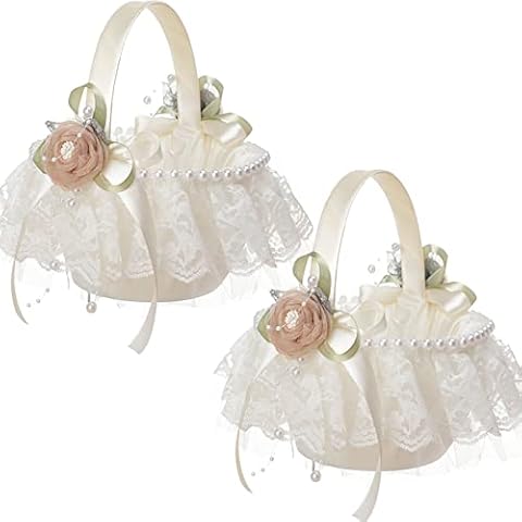 HANTURE 2Pcs Ivory Wedding Flower Girl Basket Decorated with Lace Pearls Romantic Wedding Flower Girl Baskets Petals Storage Basket Elegant Flower Girl Baskets for Ceremony, White Cover