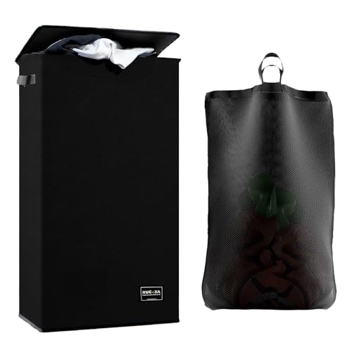 NUCAZA Large Laundry Basket with Lid and Laundry Bag - 100L Foldable Washing Basket, Linen Bin with Handles for Bedrooms, Laundry Hamper for Dirty clothes, Black