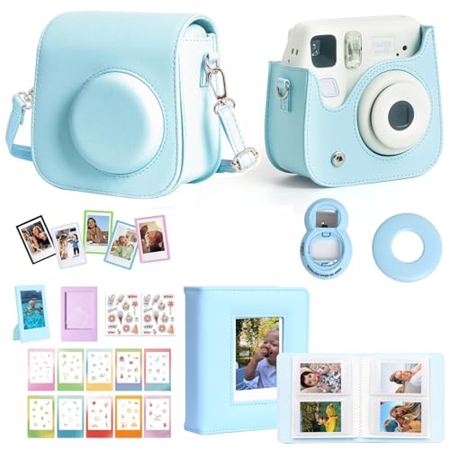 WOGOZAN Mini SE Accessories for Fujifilm Instax Mini SE/7+ Instant Camera with PU Camera Case 64 Photo Album 2 Photo Frames 5 Magnetic Frames 12 DIY Stickers Selfie Mirror Assist Circle - Blue