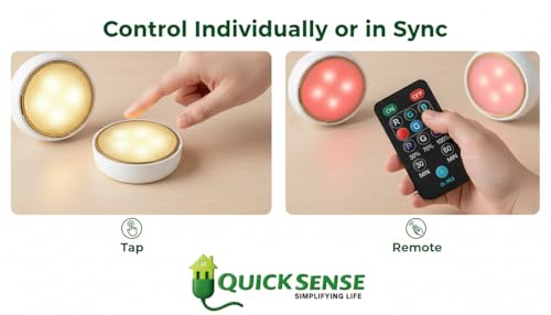 Image of Quick Sense LED Light | 2 Pack Battery Operated Under Cabinet Lighting | Color Changing Closet Fixture with Remote | Stick On for Kitchen, Shelf, Cupboard
